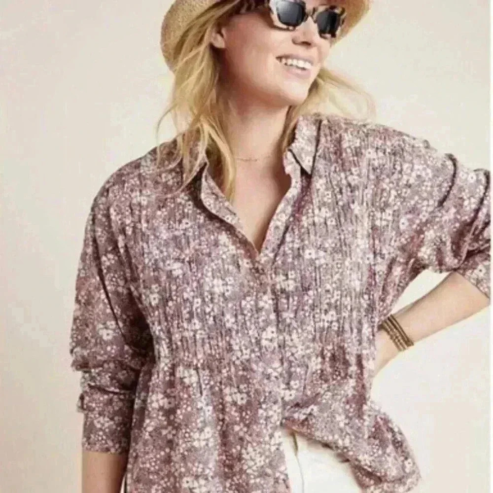 Pilcro for Anthropologie Button Down Floral Ruched Top Size S
